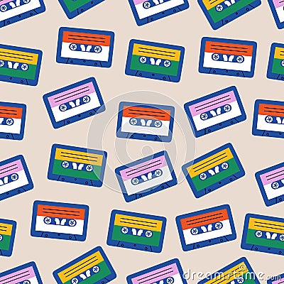 Seamless pattern with audio cassettes tape, retro musical gadgets Vector Illustration